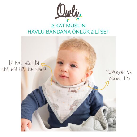 Owli 2 Kat Müslin Havlu Bandana Önlük 2'li Set Forest - 2